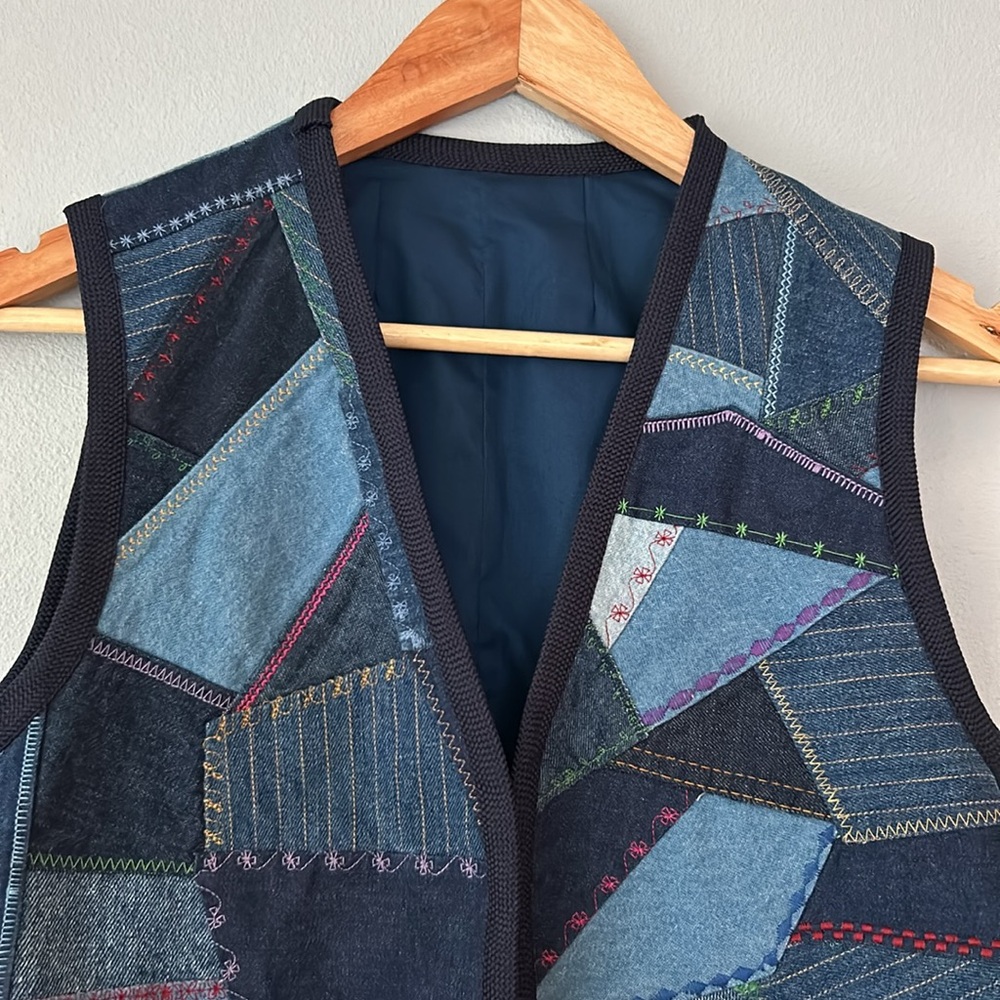 Handmade Vintage Patchwork Denim Embroidered Open… - image 2